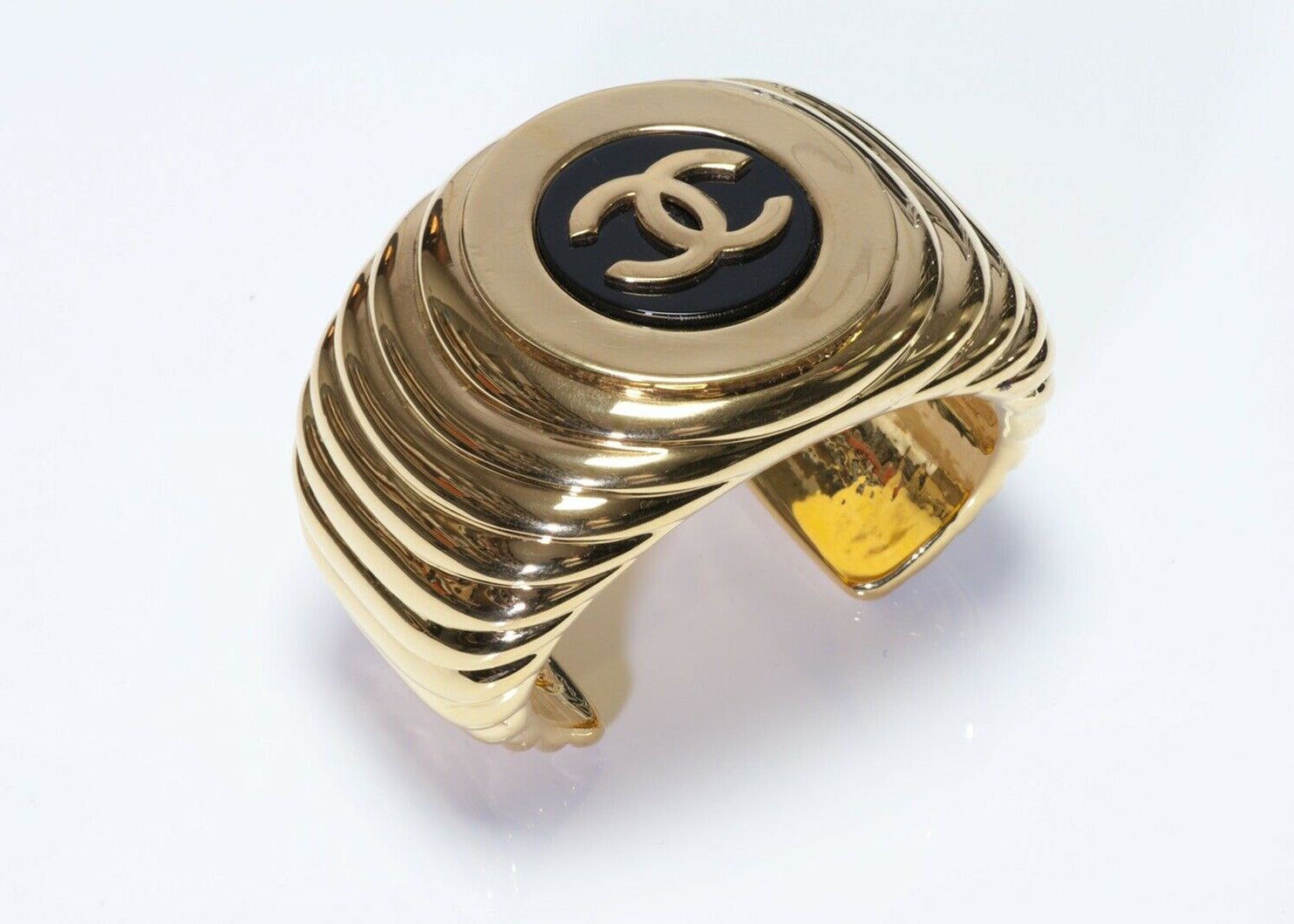 CHANEL Paris 1980’s Wide Black Enamel CC Cuff Bracelet