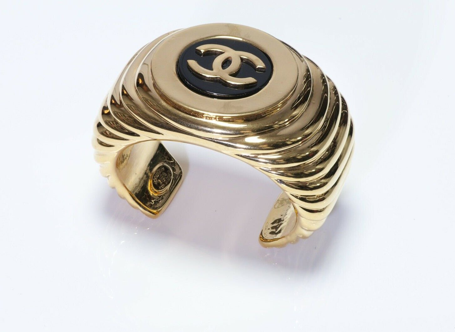 CHANEL Paris 1980’s Wide Black Enamel CC Cuff Bracelet