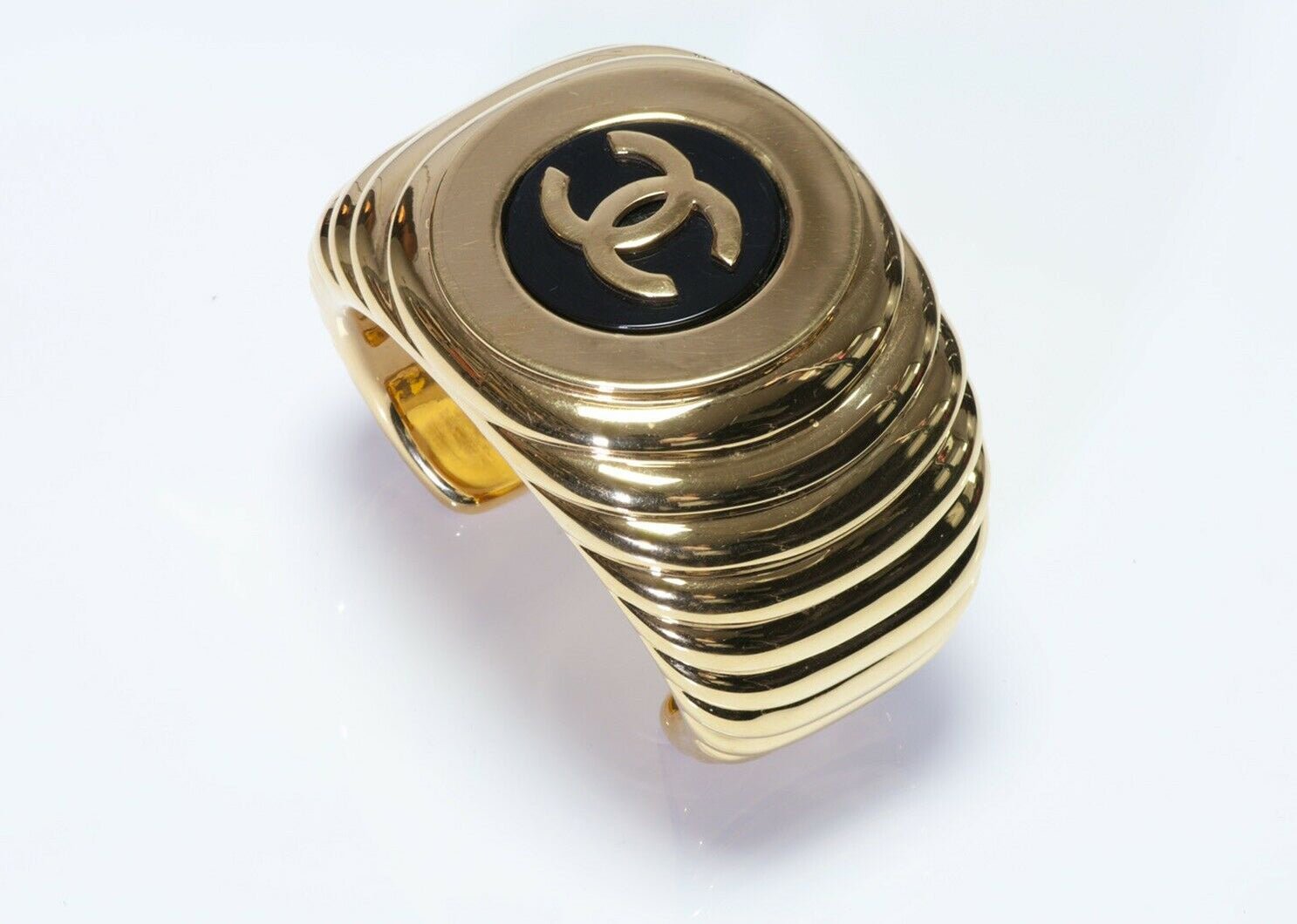 CHANEL Paris 1980’s Wide Black Enamel CC Cuff Bracelet