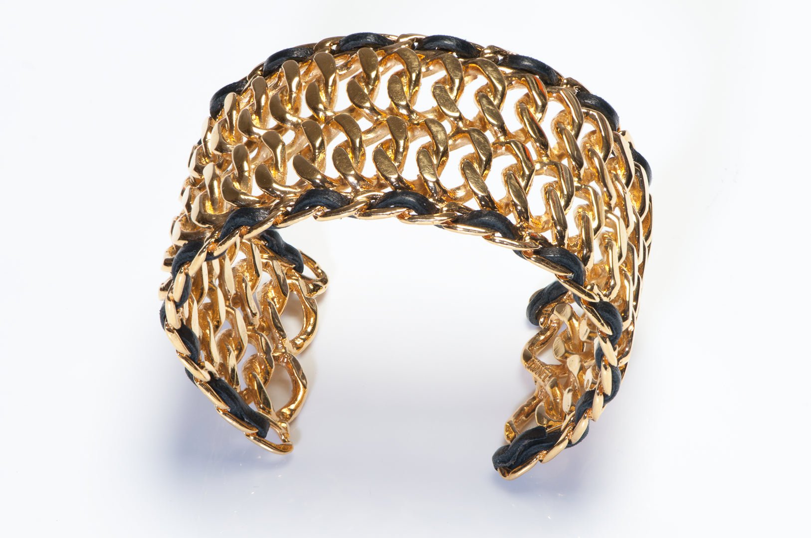 Chanel Paris 1980's Wide Gold Plated Chain Black Leather Cuff Bracelet