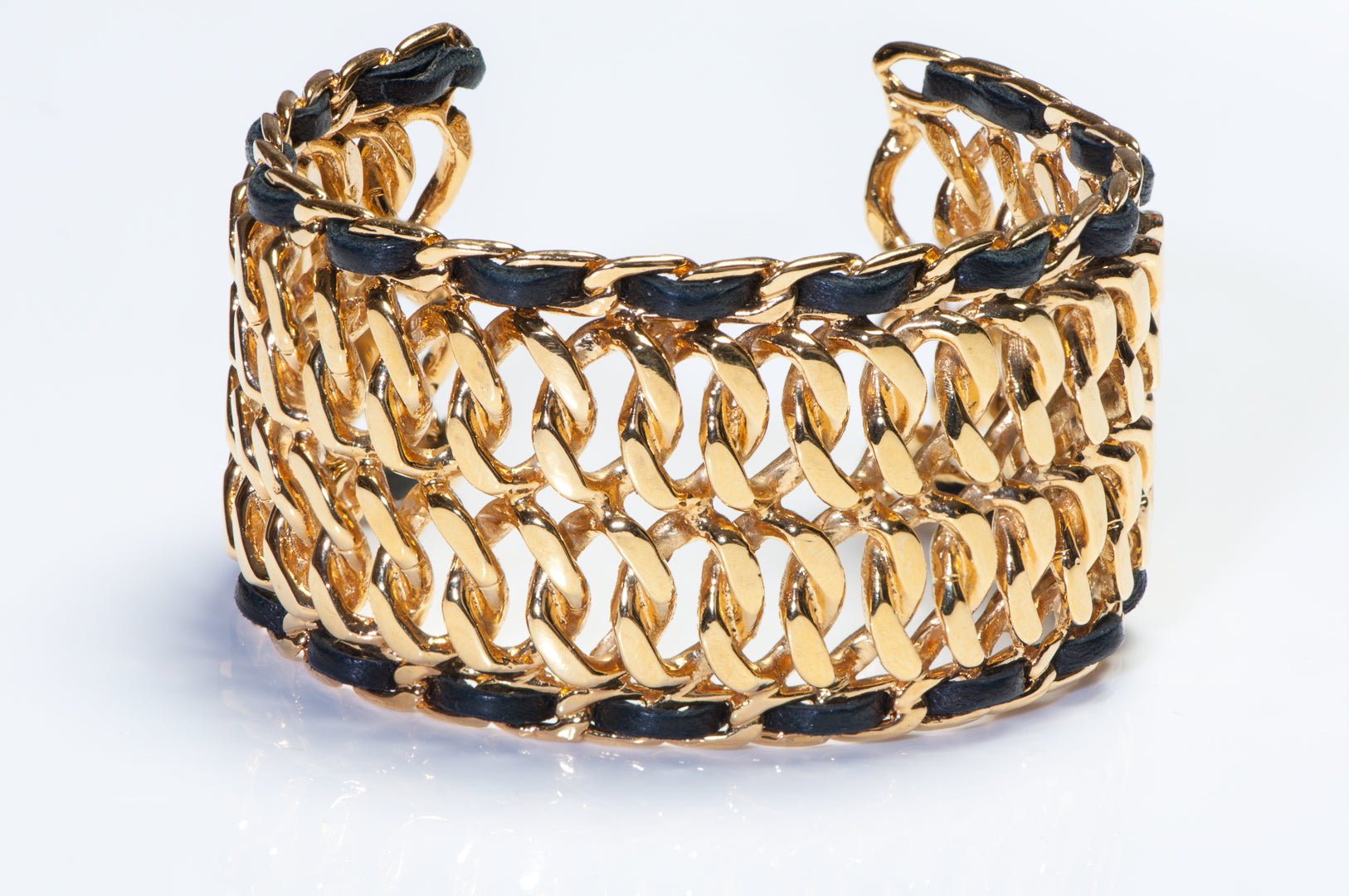 Chanel Paris 1980's Wide Gold Plated Chain Black Leather Cuff Bracelet