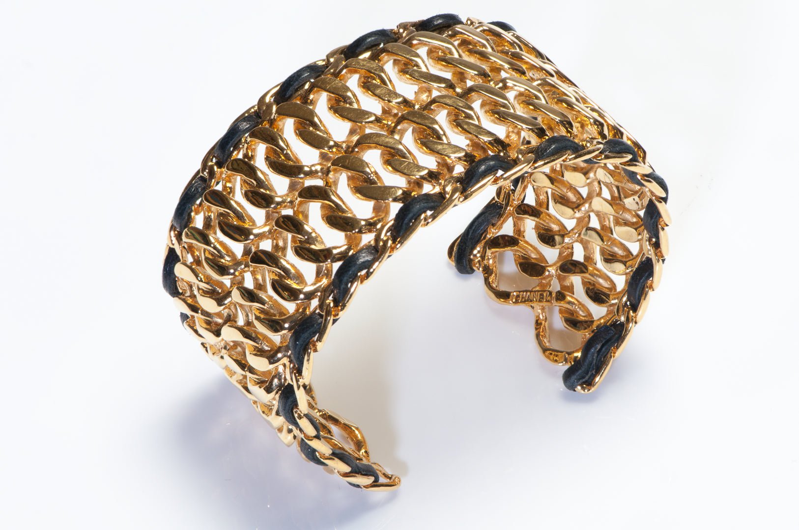 Chanel Paris 1980's Wide Gold Plated Chain Black Leather Cuff Bracelet