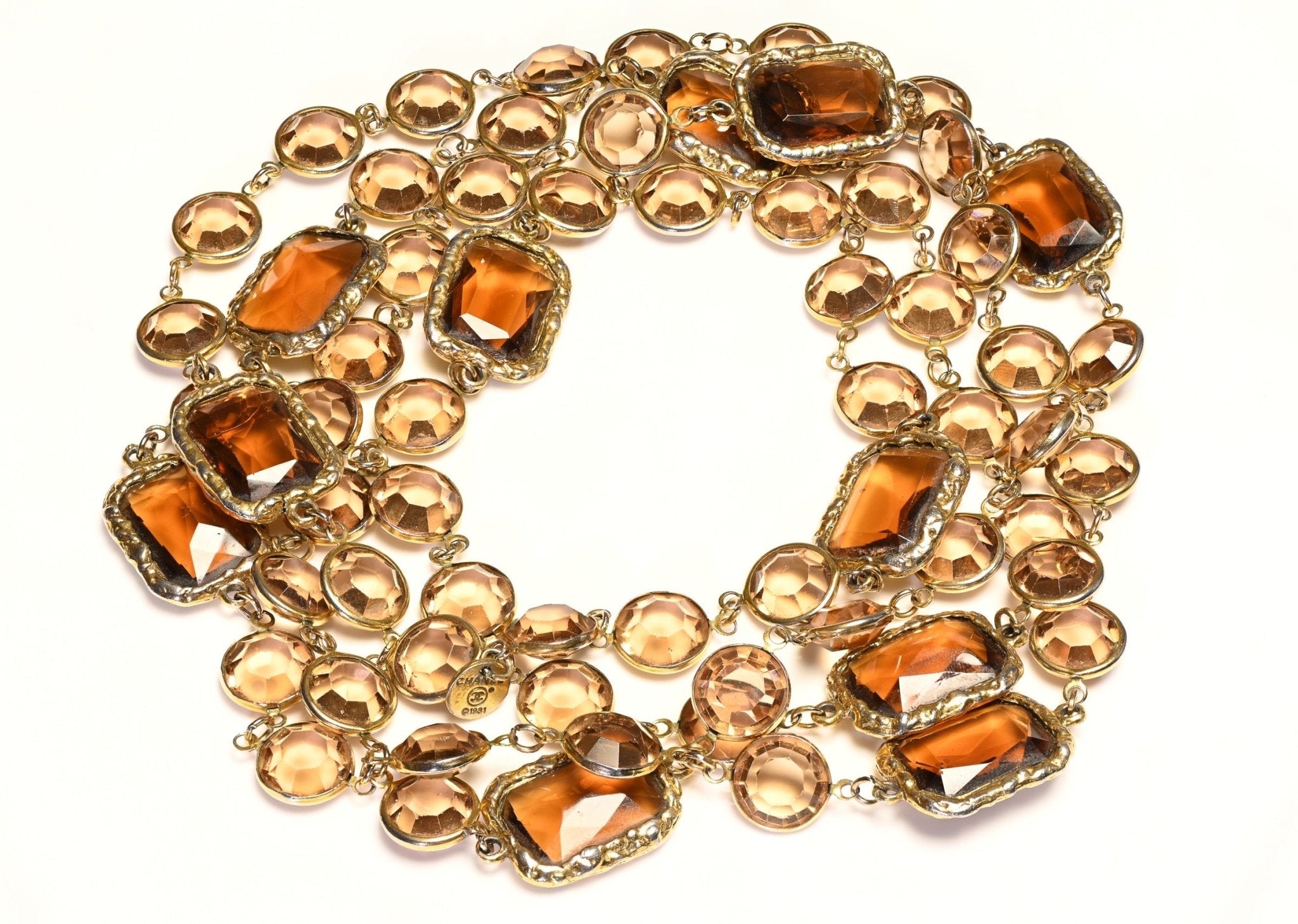 Chanel Paris 1981 Gold Plated Amber Brown Color Crystal Chiclet Sautoir Necklace