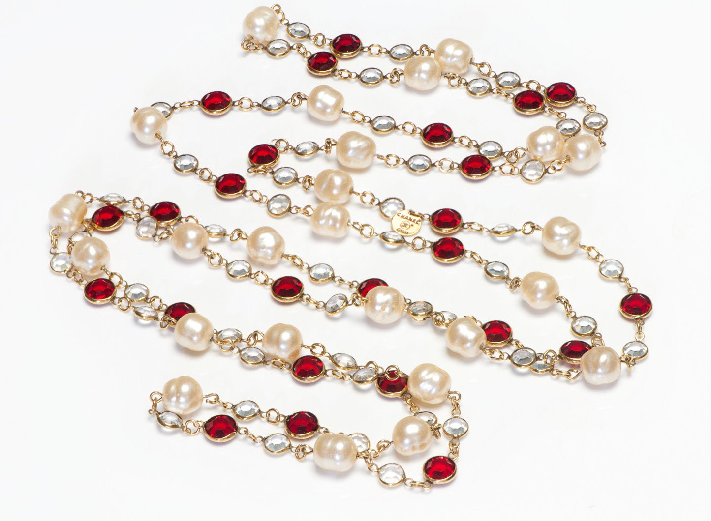 Chanel Paris 1981 Red Clear Crystal Pearl Sautoir Chain Necklace