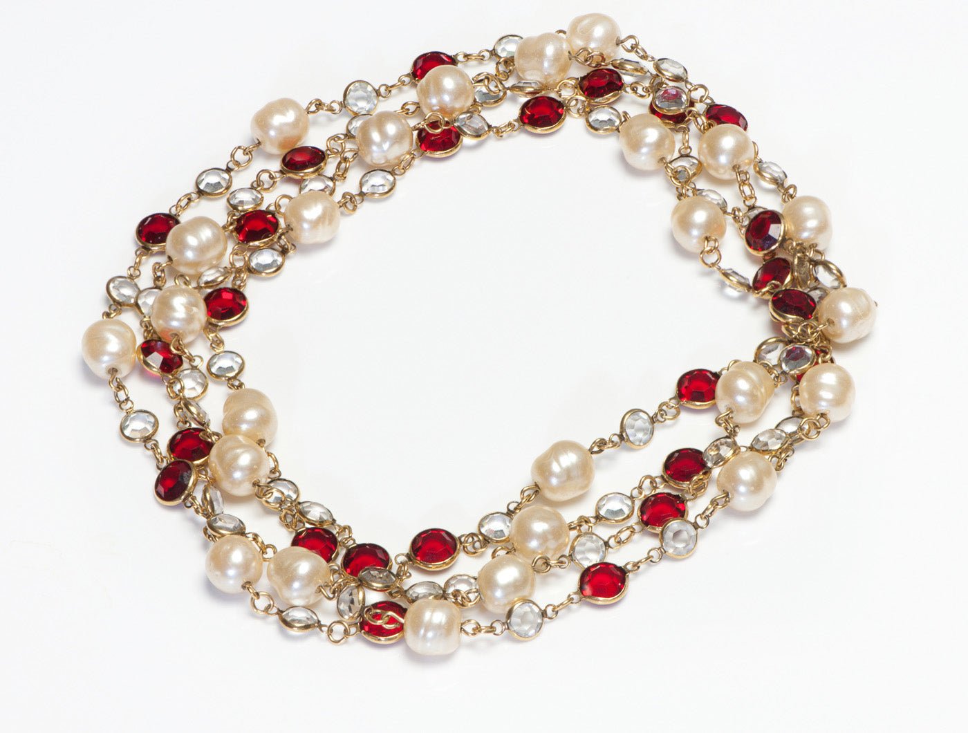 Chanel Paris 1981 Red Clear Crystal Pearl Sautoir Chain Necklace