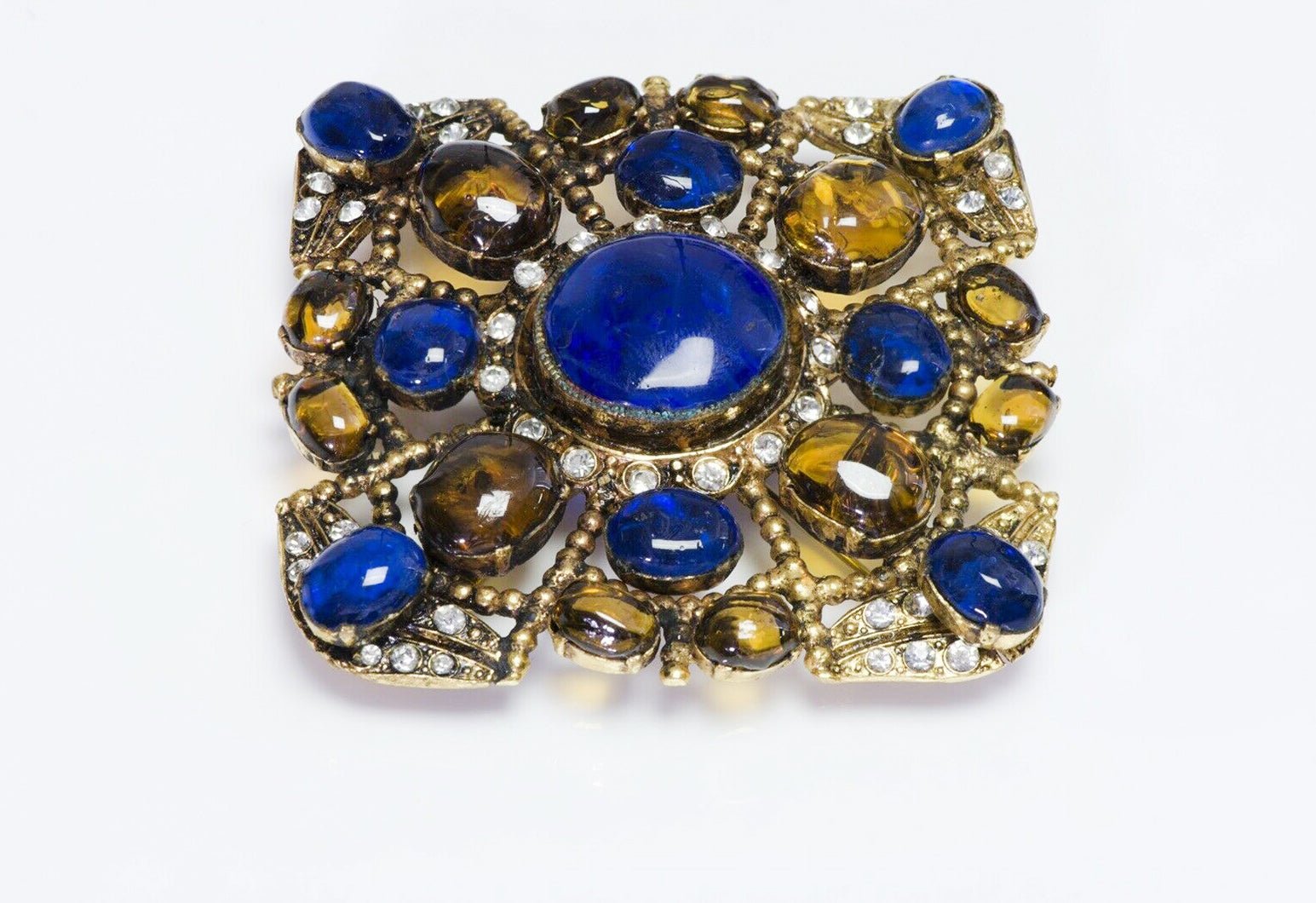 CHANEL Paris 1983 Maison Gripoix Blue Yellow Poured Glass Crystal Pendant Brooch