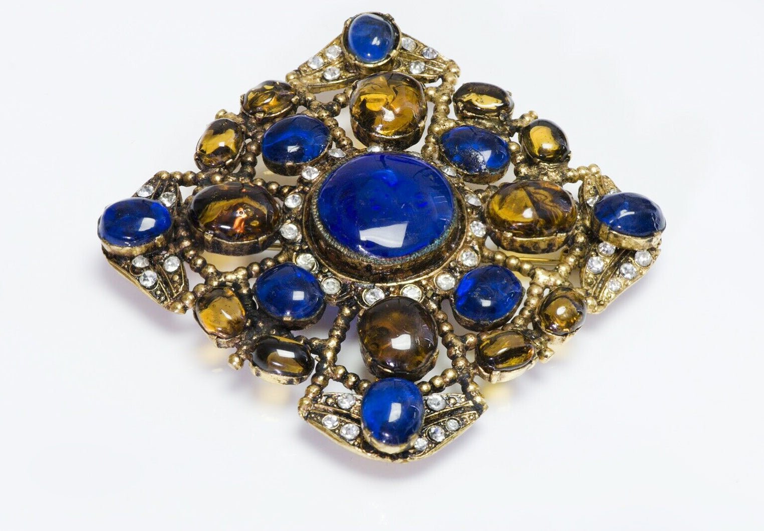 CHANEL Paris 1983 Maison Gripoix Blue Yellow Poured Glass Crystal Pendant Brooch