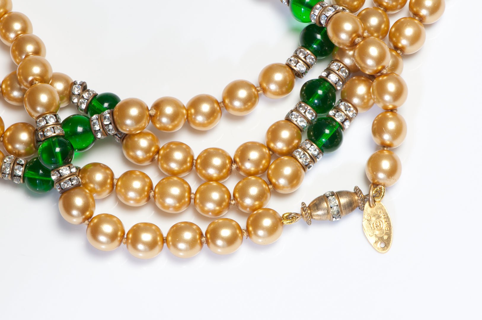 Chanel Paris 1983 Maison Gripoix Green Glass Beads Gold Pearl Sautoir Necklace