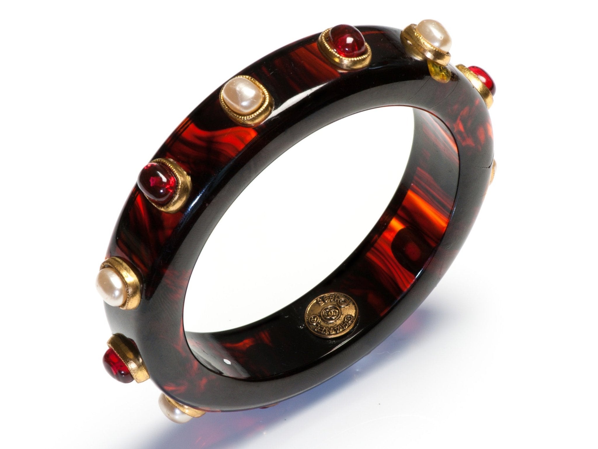 Chanel Paris 1985 Maison Gripoix Red Glass Pearl Brown Resin Bangle Bracelet