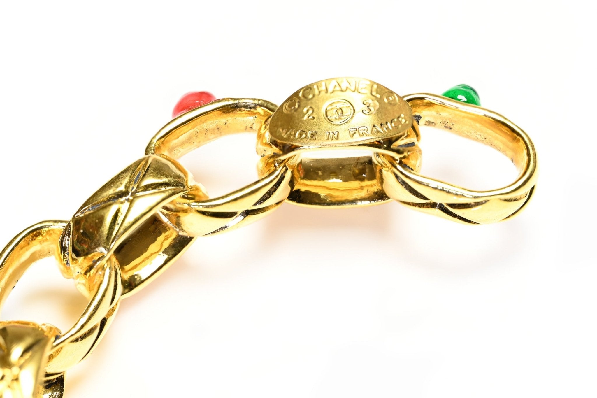 Chanel Paris 1988 Maison Gripoix Red Green Glass Bijoux Chain Cuff Bracelet
