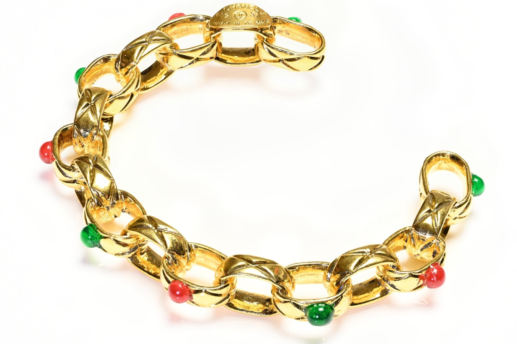 Chanel Paris 1988 Maison Gripoix Red Green Glass Bijoux Chain Cuff Bracelet