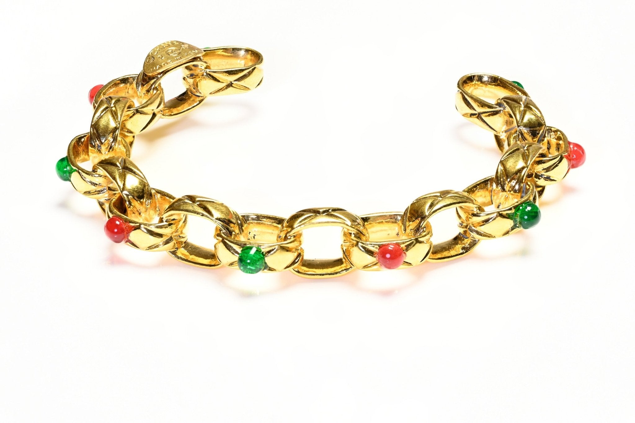 Chanel Paris 1988 Maison Gripoix Red Green Glass Bijoux Chain Cuff Bracelet