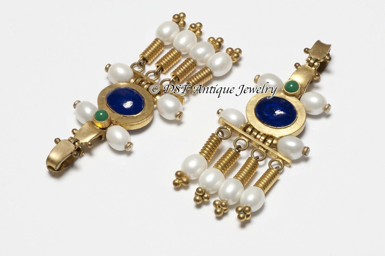 CHANEL Paris 1989 Gripoix Byzantine Style Pearl Blue Green Glass Earrings