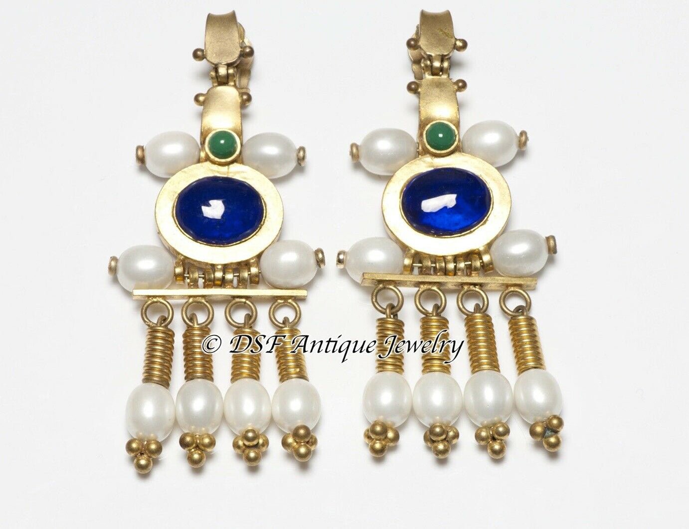 CHANEL Paris 1989 Gripoix Byzantine Style Pearl Blue Green Glass Earrings