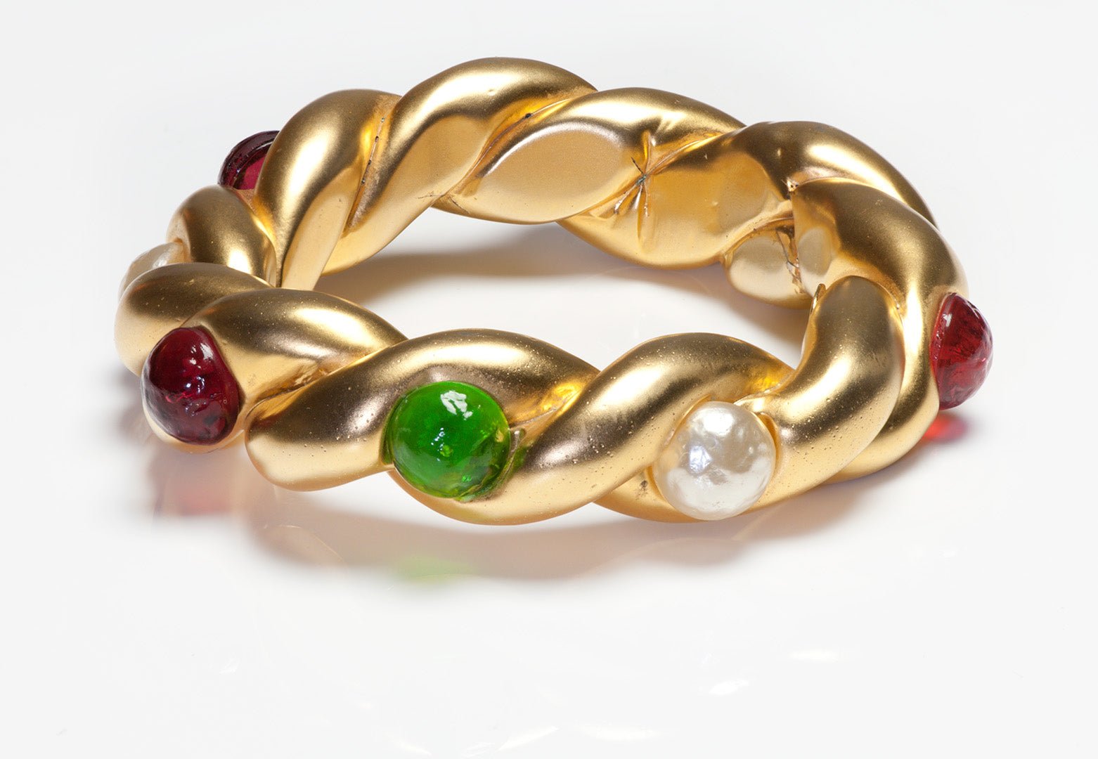 Chanel Paris 1990 Maison Gripoix Red Green Glass Pearl Twist Bangle Bracelet