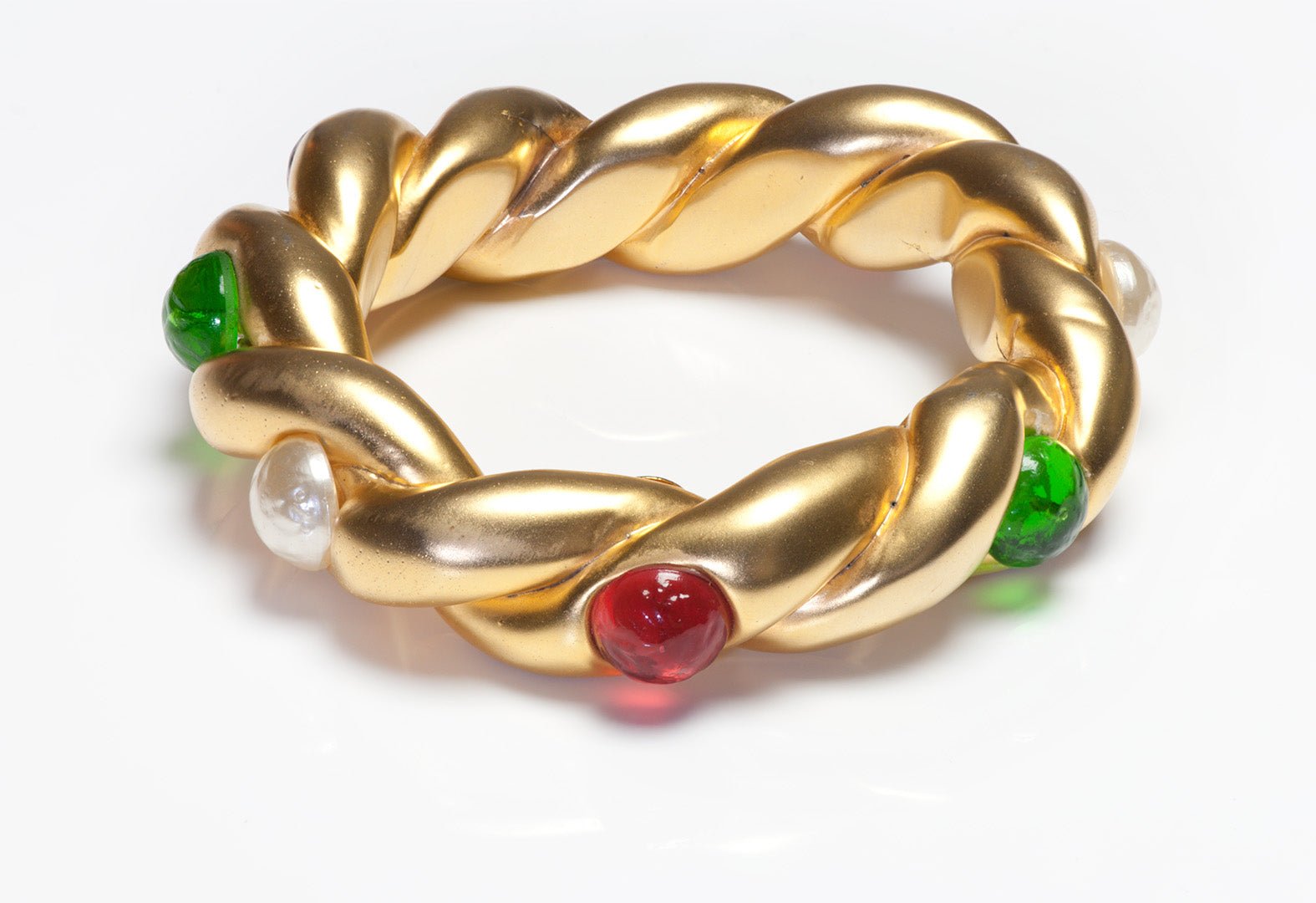 Chanel Paris 1990 Maison Gripoix Red Green Glass Pearl Twist Bangle Bracelet