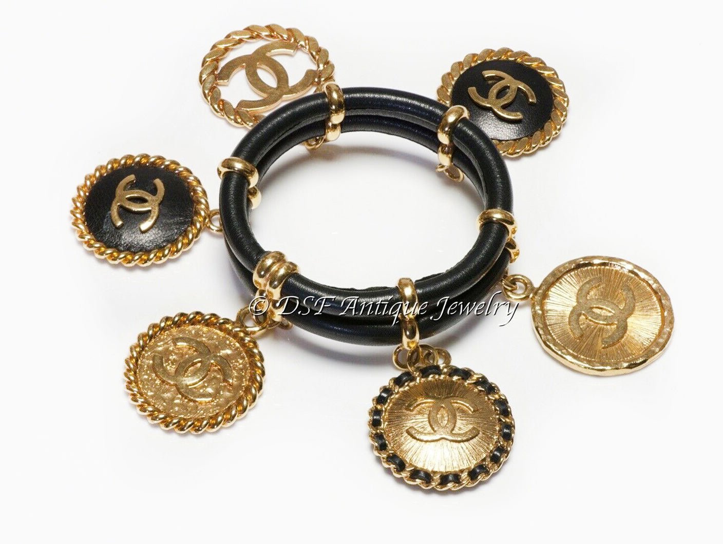 CHANEL Paris 1990’s Black Leather CC 6 Charm Bangle Bracelet