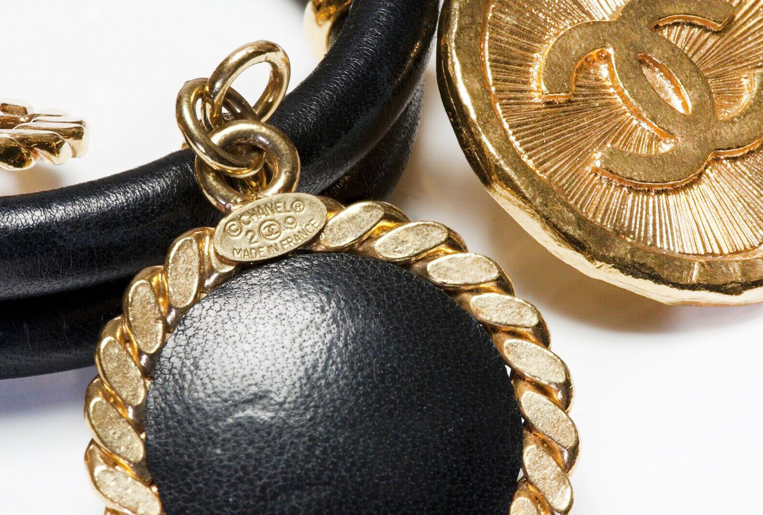 CHANEL Paris 1990’s Black Leather CC 6 Charm Bangle Bracelet