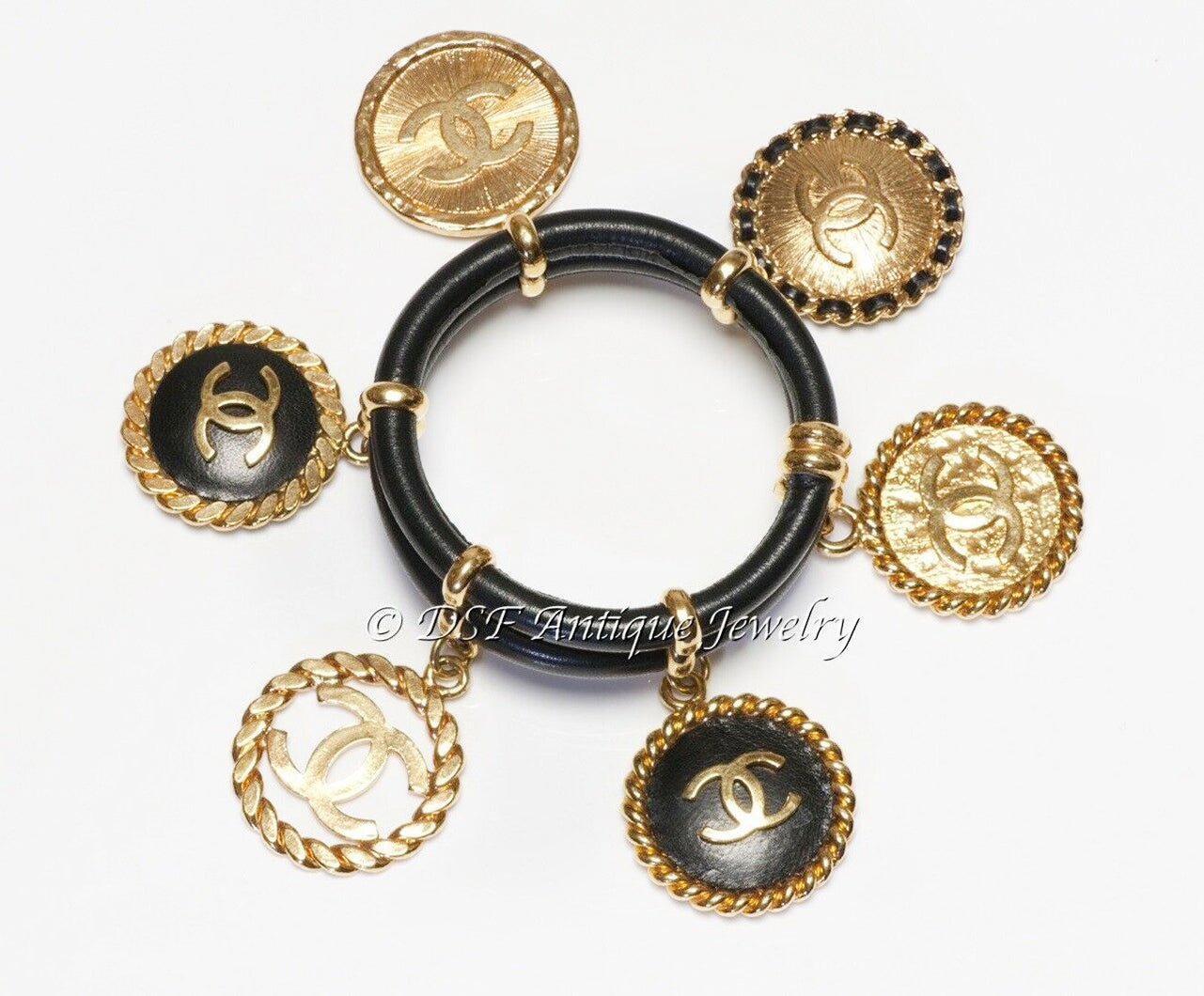 CHANEL Paris 1990’s Black Leather CC 6 Charm Bangle Bracelet