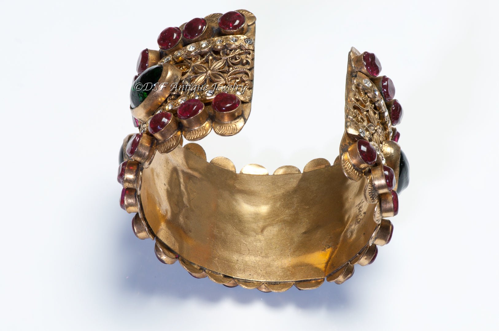 Chanel Paris 1990’s Byzantine Style Gripoix Green Red Glass Cuff Bracelet