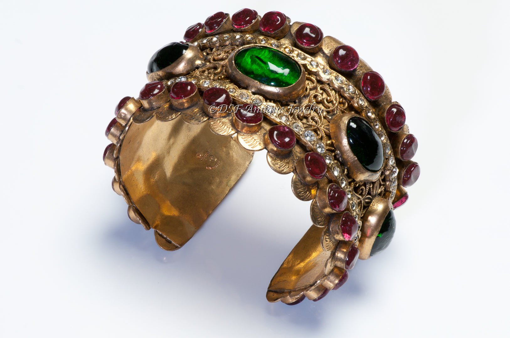 Chanel Paris 1990’s Byzantine Style Gripoix Green Red Glass Cuff Bracelet