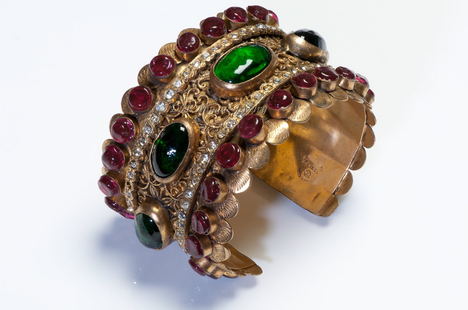 Chanel Paris 1990’s Byzantine Style Gripoix Green Red Glass Cuff Bracelet