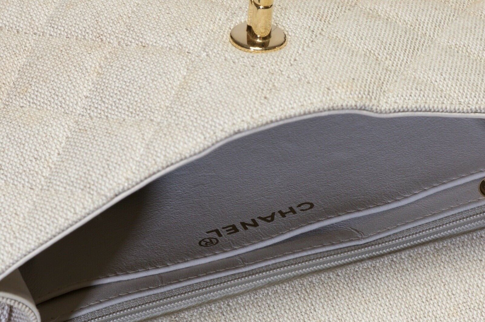 CHANEL Paris 1990’s CC Beige Quilted Canvas Flap Shoulder Bag