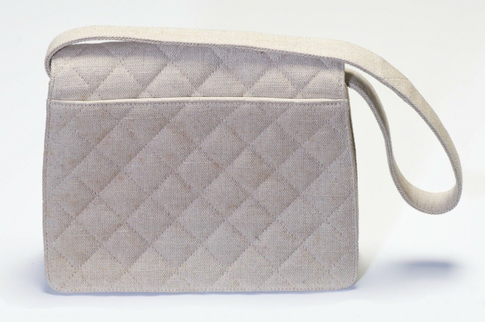 CHANEL Paris 1990’s CC Beige Quilted Canvas Flap Shoulder Bag