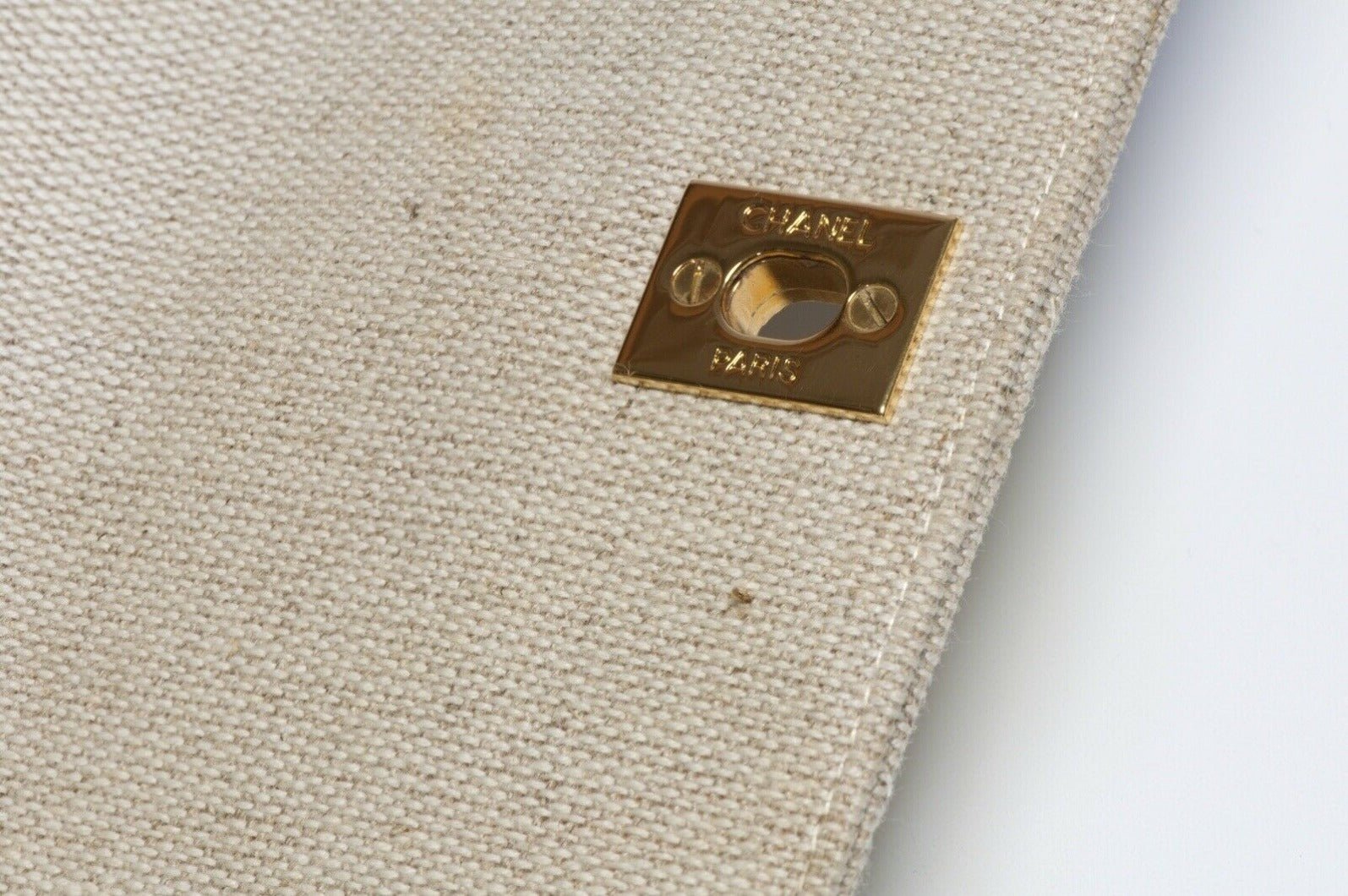 CHANEL Paris 1990’s CC Beige Quilted Canvas Flap Shoulder Bag