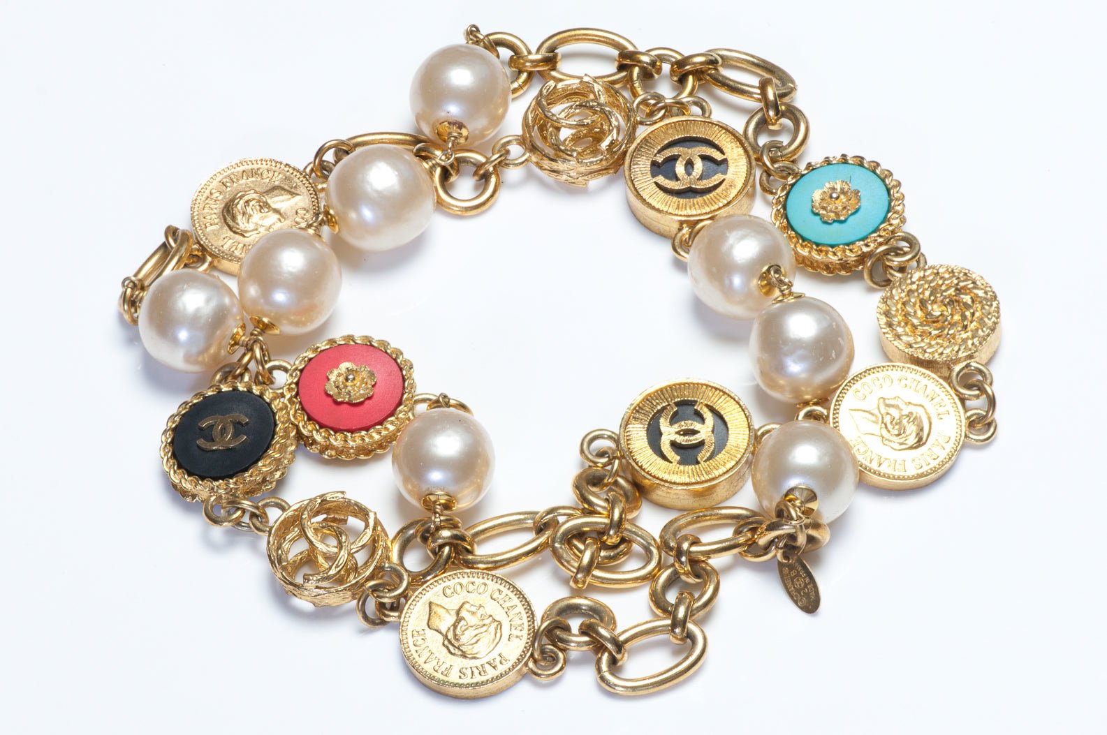Chanel Paris 1990’s CC Camellia Red Blue Coin Charm Pearl Chain Sautoir Necklace