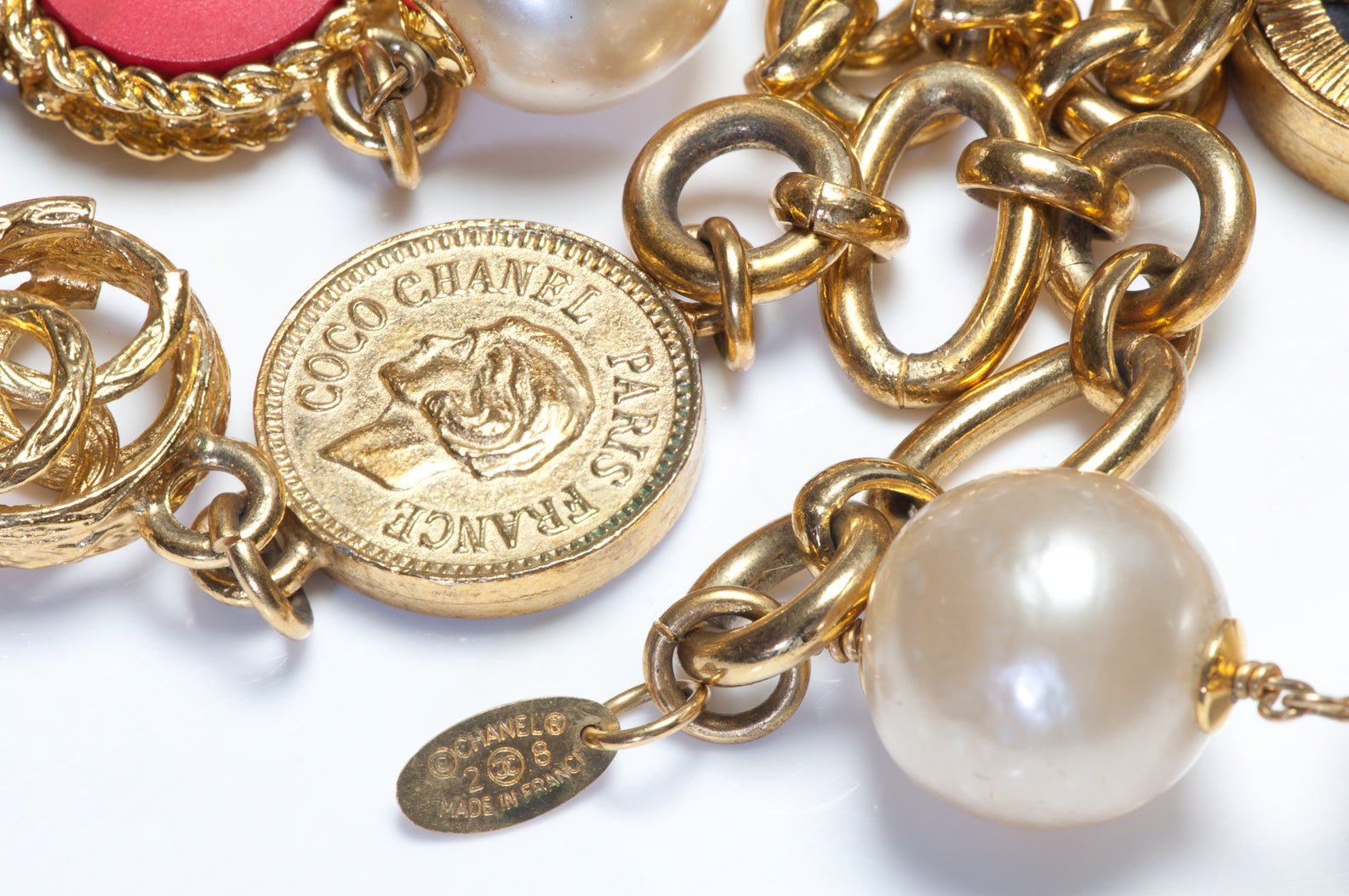 Chanel Paris 1990’s CC Camellia Red Blue Coin Charm Pearl Chain Sautoir Necklace