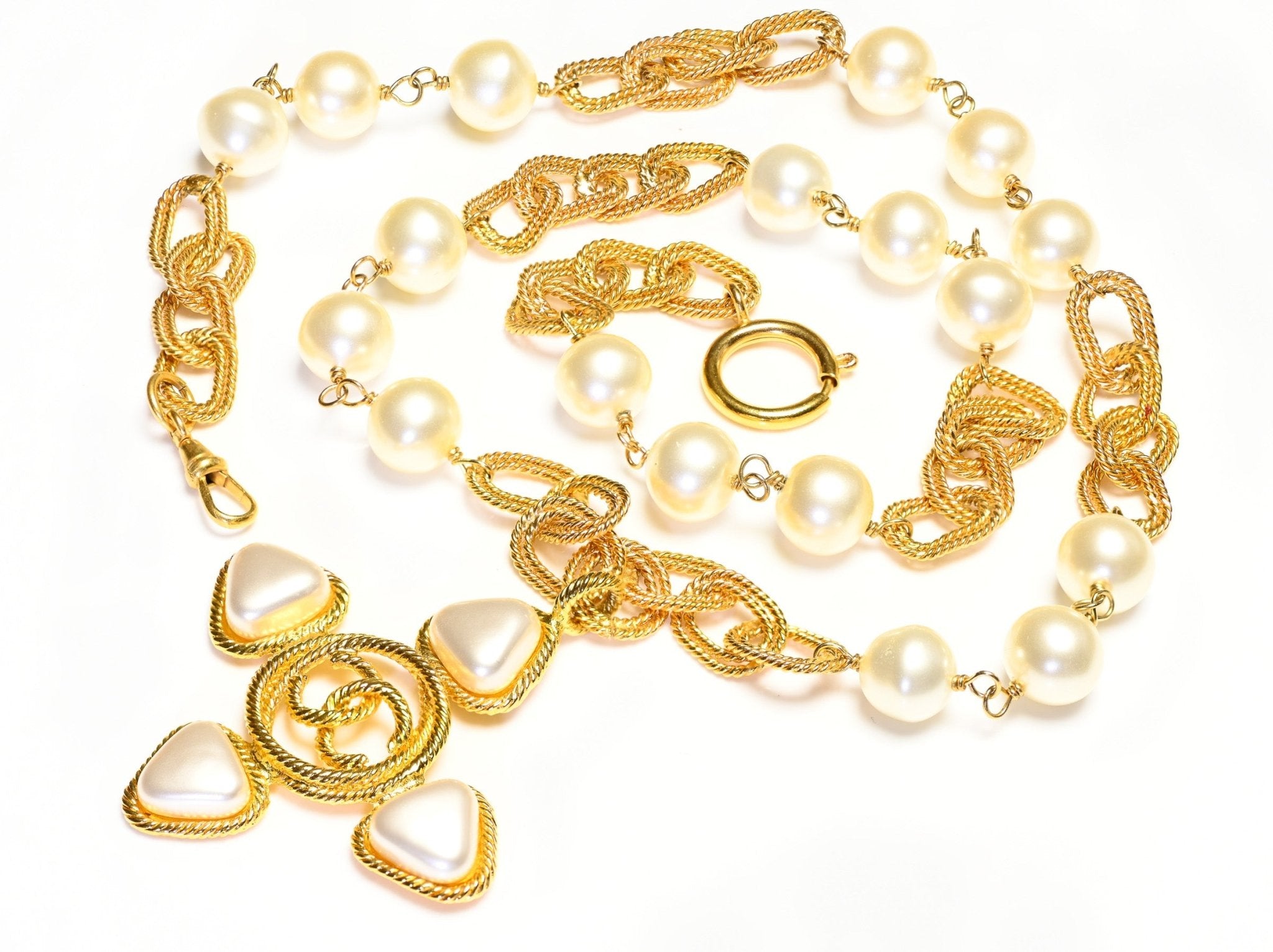 Chanel Paris 1990’s Gold Plated CC Cross Pearl Chain Pendant Necklace