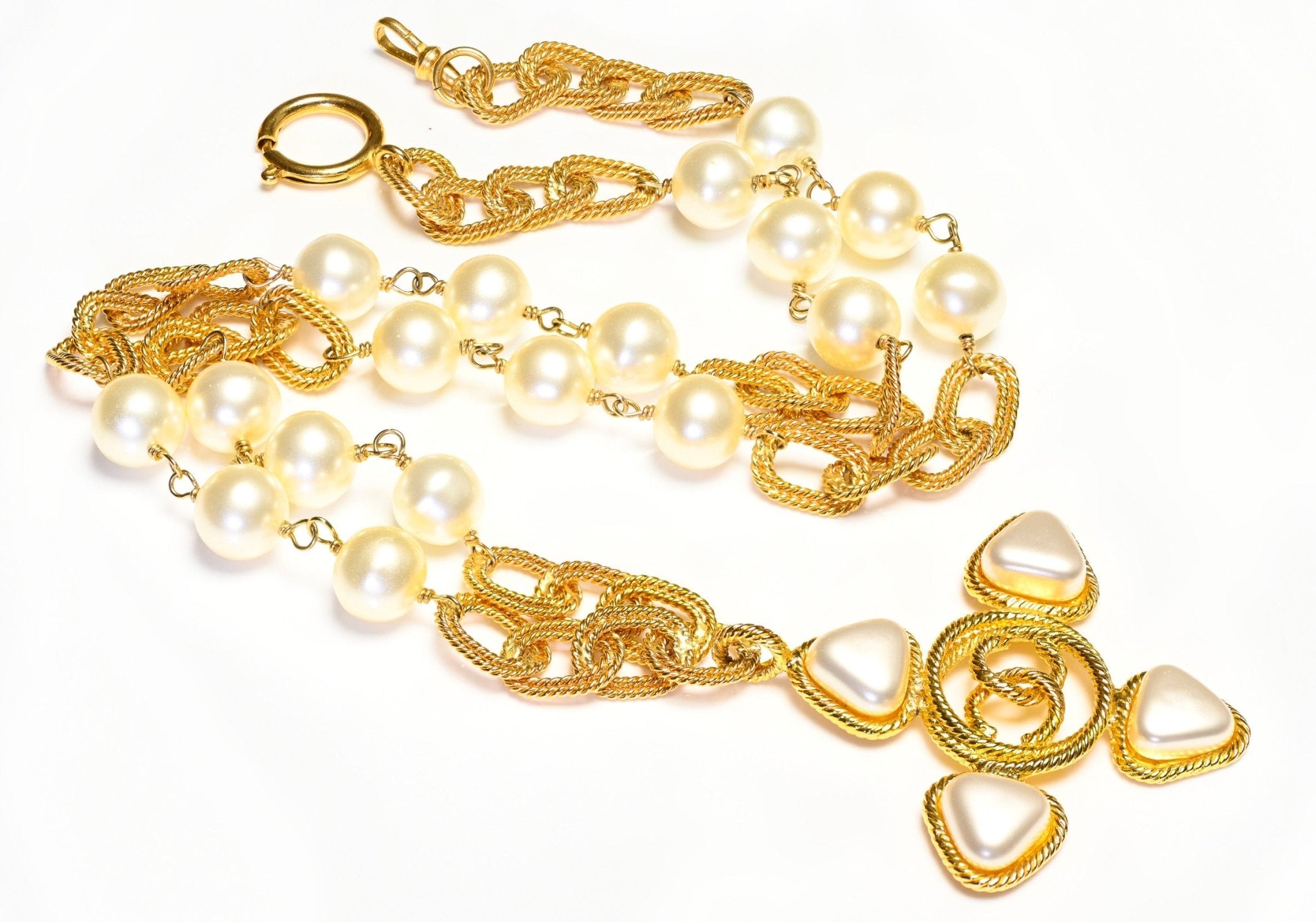 Chanel Paris 1990’s Gold Plated CC Cross Pearl Chain Pendant Necklace