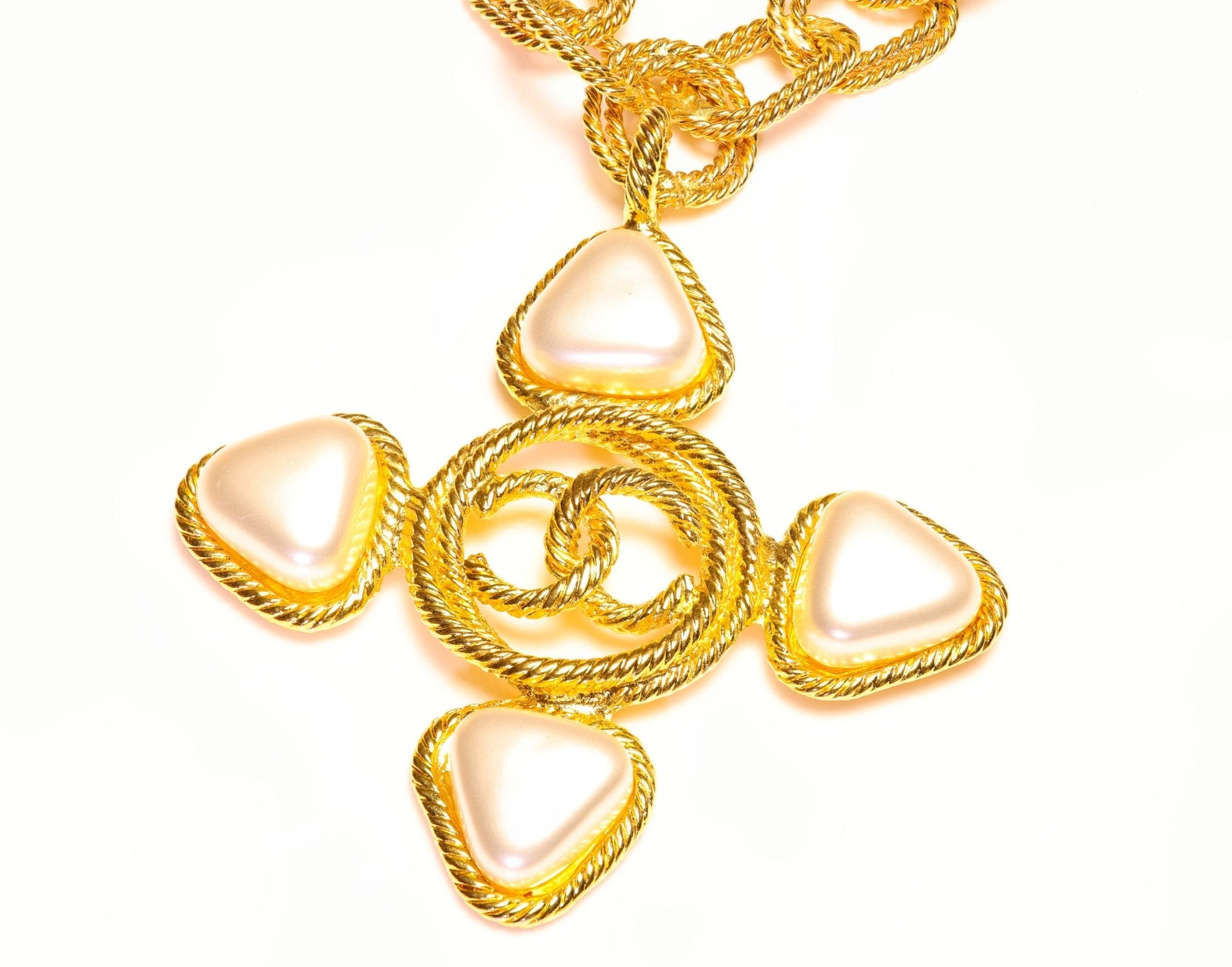 Chanel Paris 1990’s Gold Plated CC Cross Pearl Chain Pendant Necklace