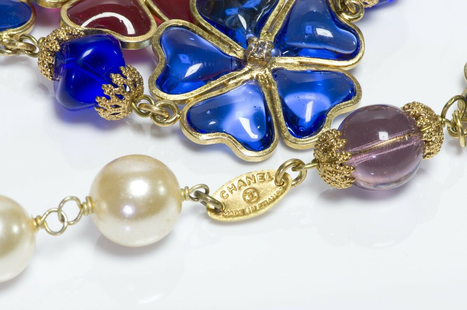 CHANEL Paris 1990’s Gripoix Red Green Blue Camellia Glass Pearl Sautoir Necklace