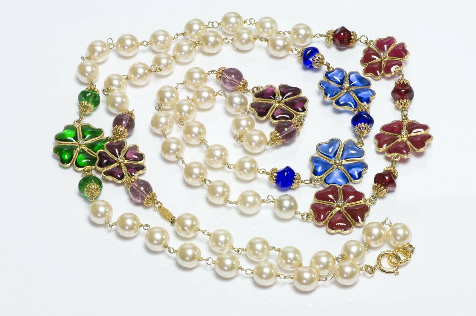 CHANEL Paris 1990’s Gripoix Red Green Blue Camellia Glass Pearl Sautoir Necklace
