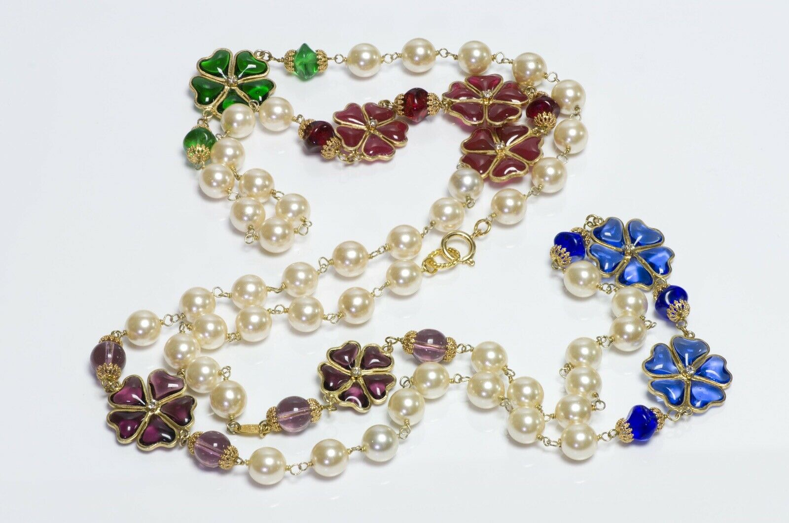 CHANEL Paris 1990’s Gripoix Red Green Blue Camellia Glass Pearl Sautoir Necklace
