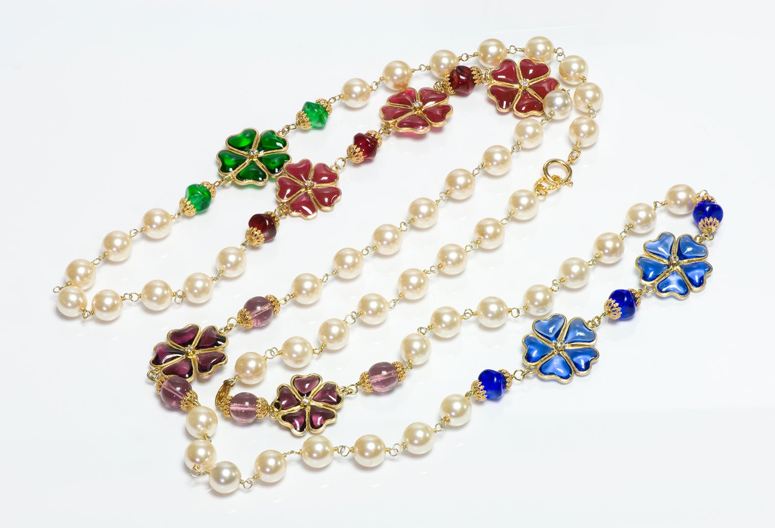 CHANEL Paris 1990’s Gripoix Red Green Blue Camellia Glass Pearl Sautoir Necklace