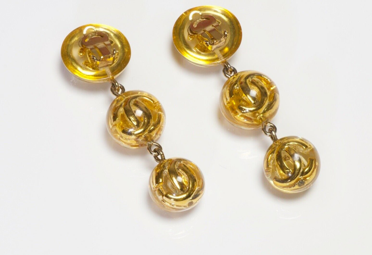 CHANEL Paris 1990’s Long CC Yellow Lucite Ball Drop Earrings