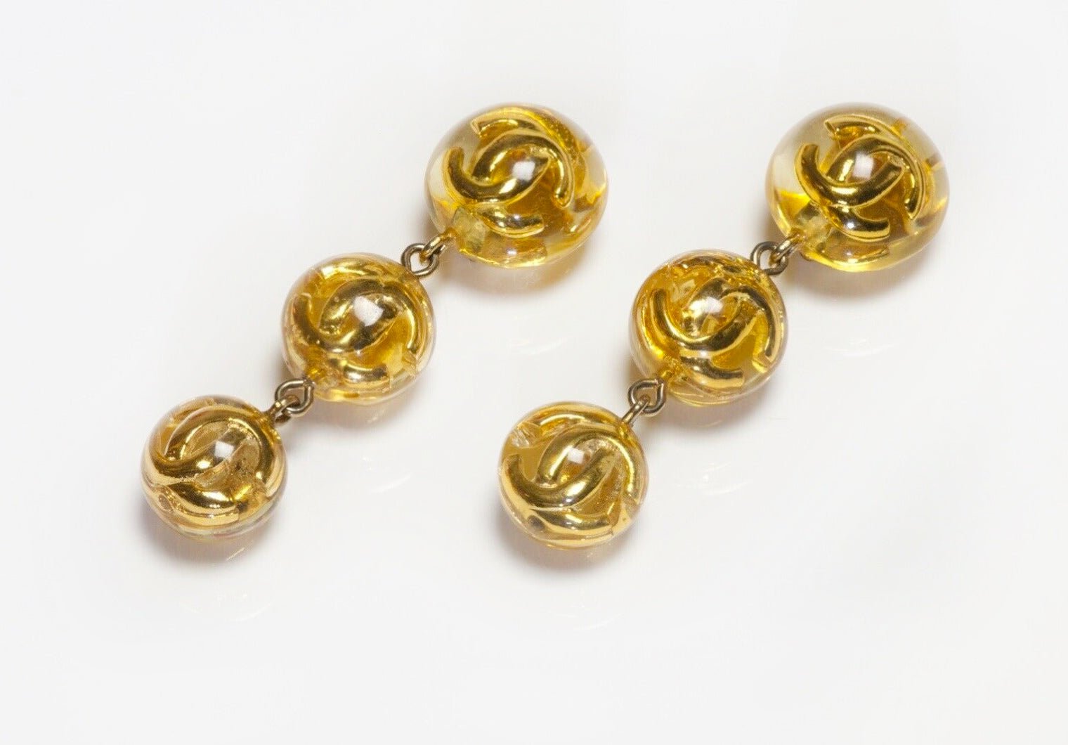 CHANEL Paris 1990’s Long CC Yellow Lucite Ball Drop Earrings
