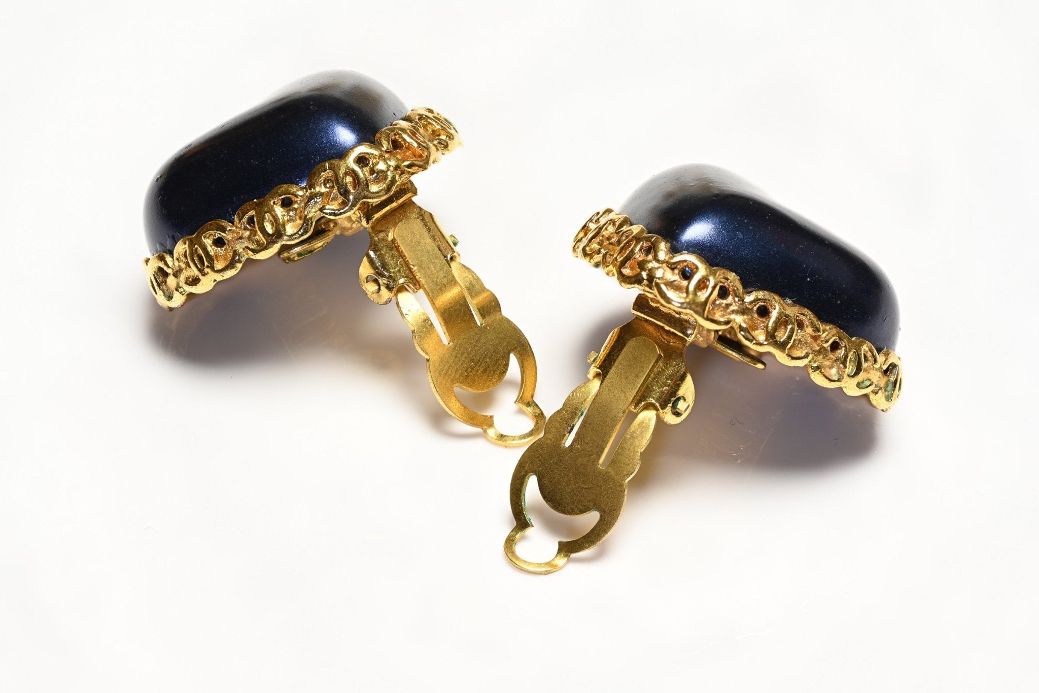 Chanel Paris 1990’s Maison Gripoix Blue Glass Puffy Heart CC Earrings