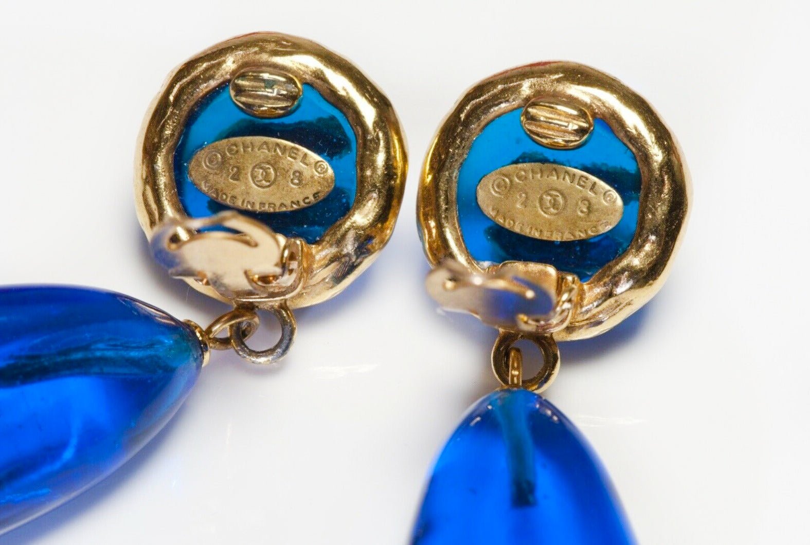 CHANEL Paris 1990’s Maison Gripoix CC Blue Glass Drop Earrings