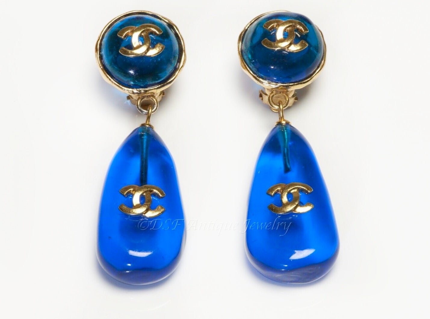 CHANEL Paris 1990’s Maison Gripoix CC Blue Glass Drop Earrings
