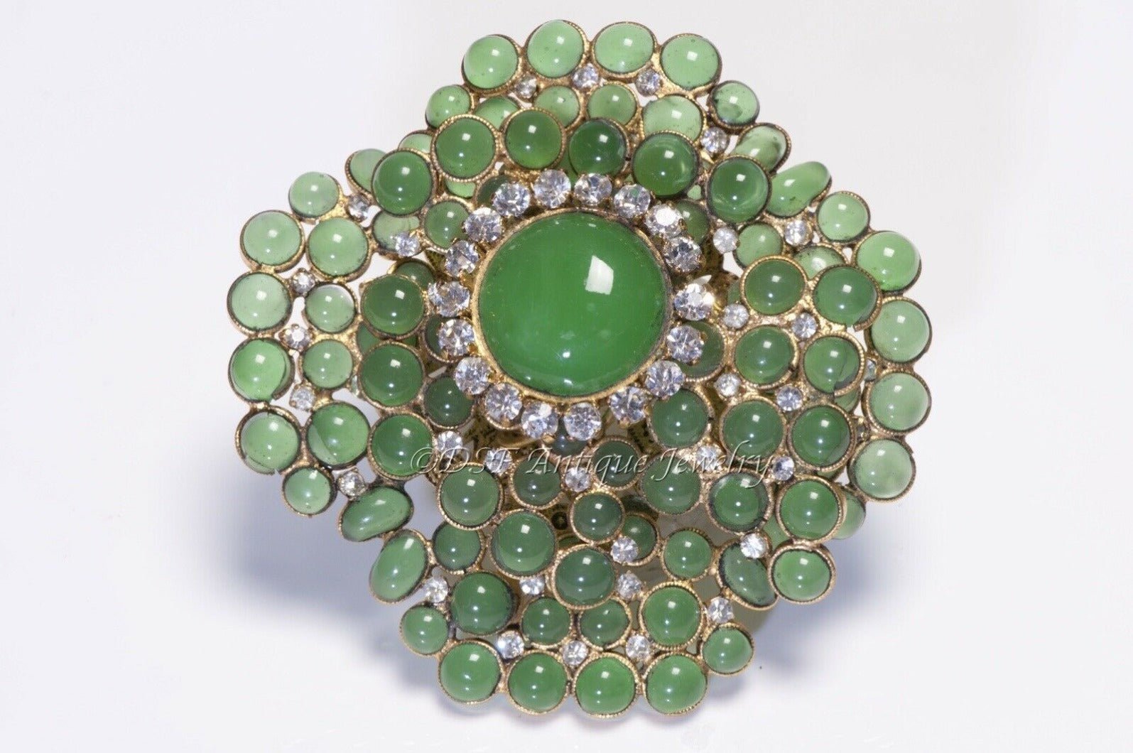 CHANEL Paris 1990’s Maison Gripoix Green Glass Crystal Camellia Flower Brooch