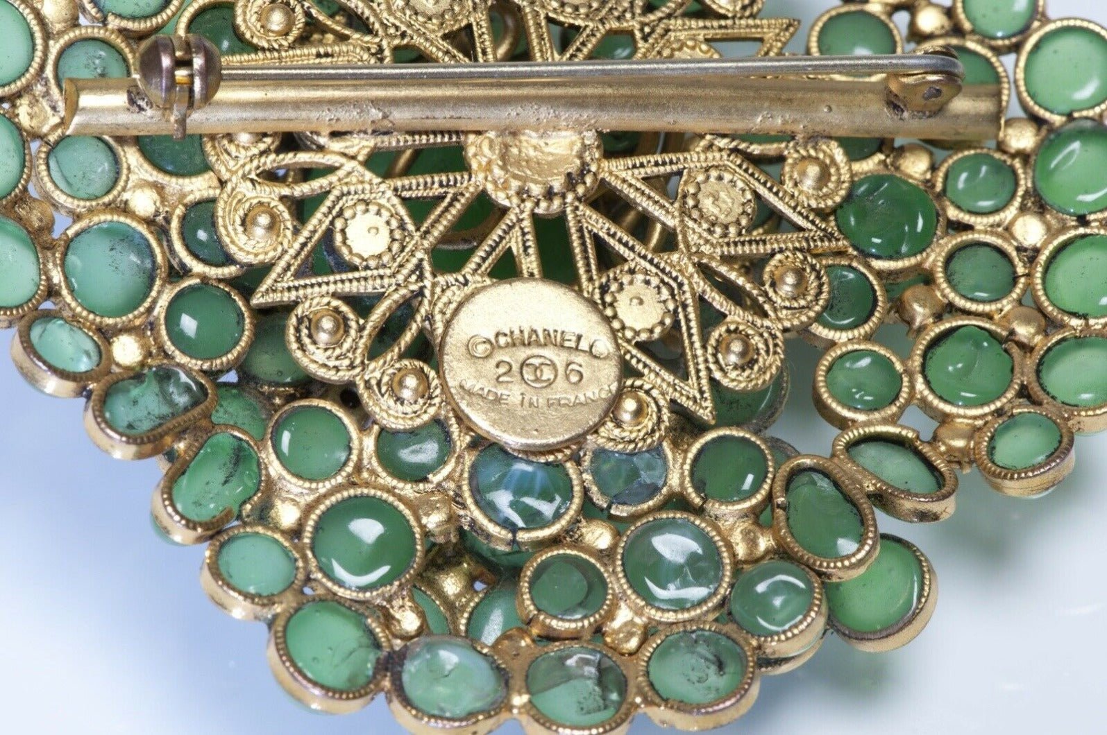 CHANEL Paris 1990’s Maison Gripoix Green Glass Crystal Camellia Flower Brooch
