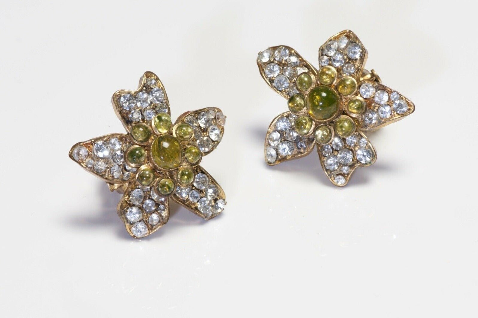 CHANEL Paris 1990’s Maison Gripoix Green Glass Crystal Camellia Flower Earrings