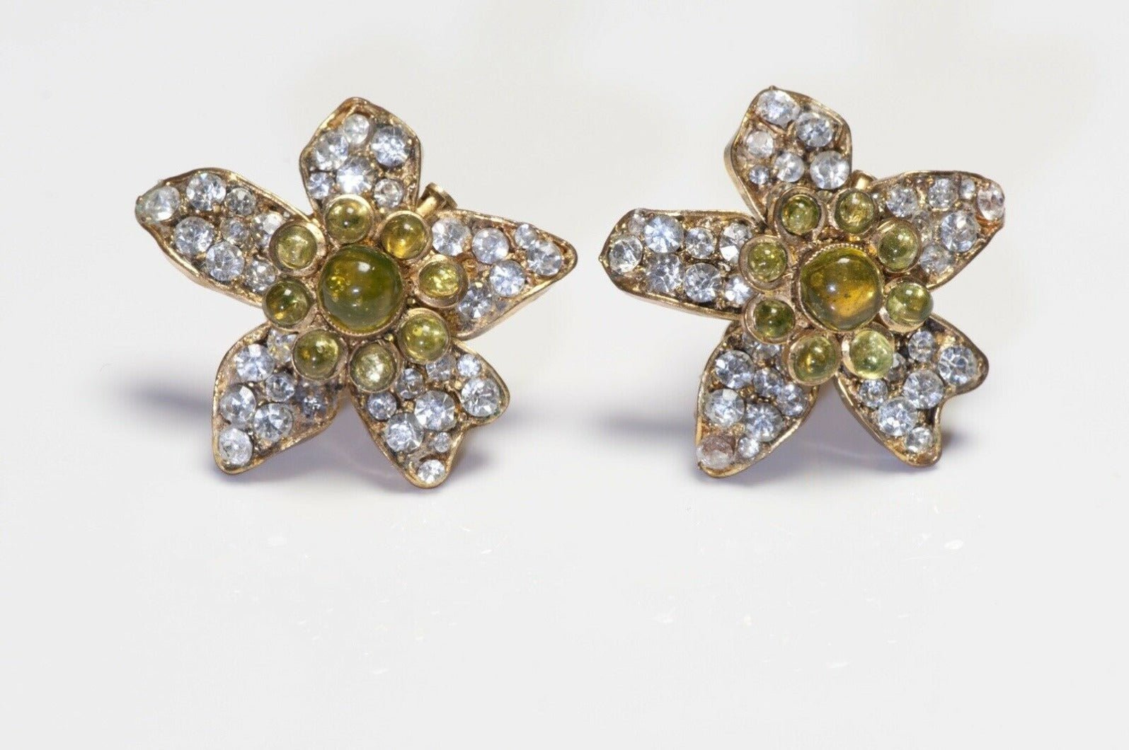 CHANEL Paris 1990’s Maison Gripoix Green Glass Crystal Camellia Flower Earrings
