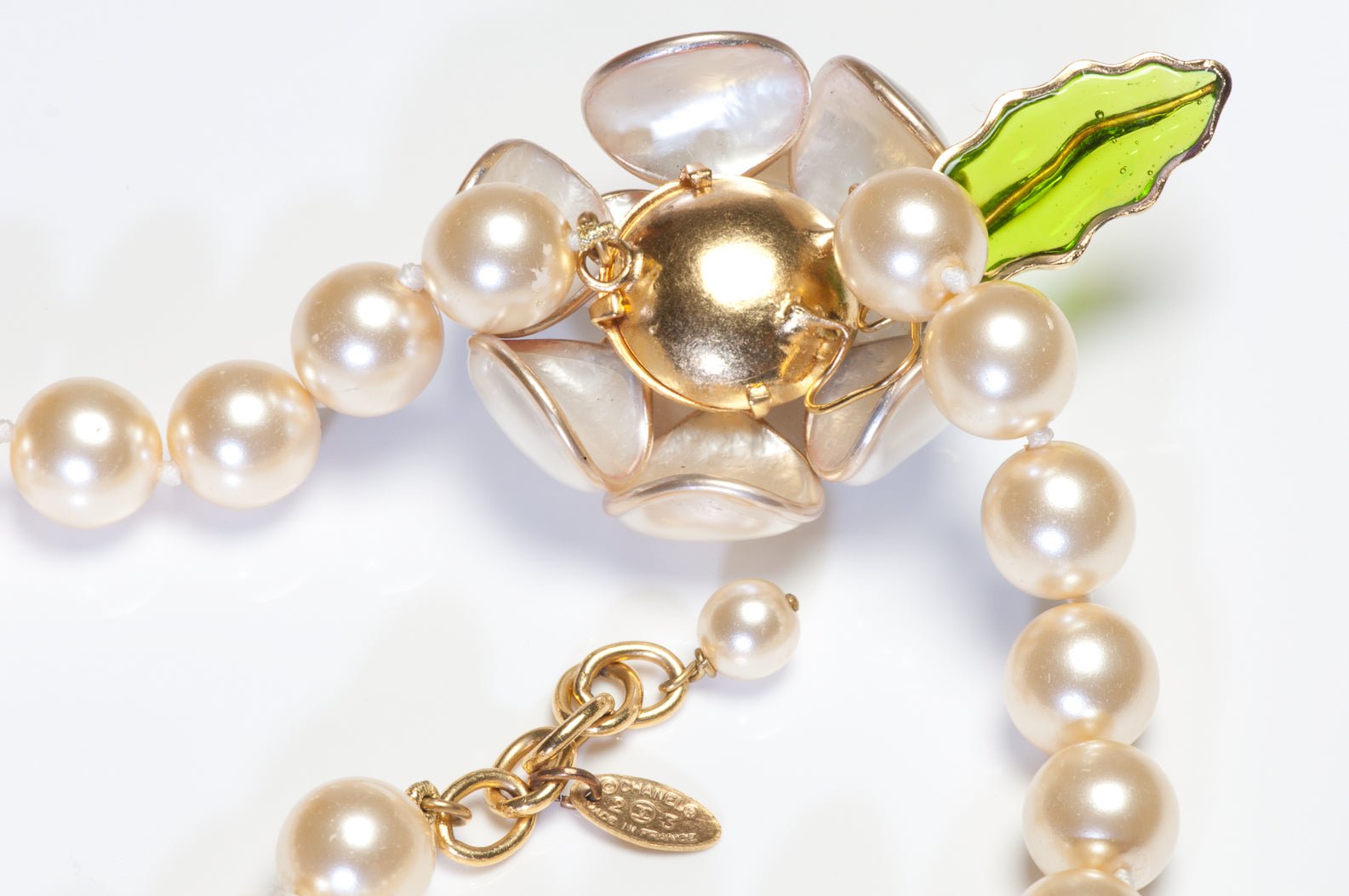 Chanel Paris 1990's Maison Gripoix Green Leaf Glass Camellia Pearl Necklace
