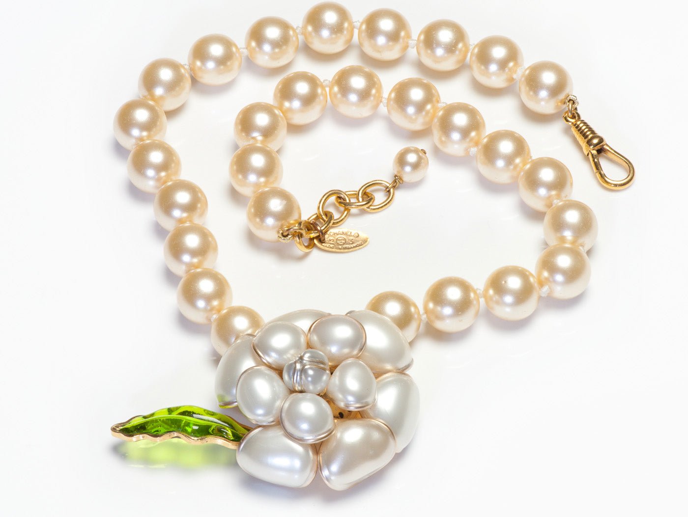 Chanel Paris 1990's Maison Gripoix Green Leaf Glass Camellia Pearl Necklace