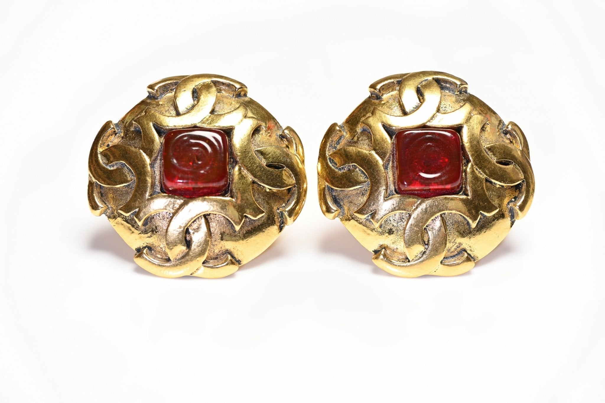 Chanel Paris 1990’s Maison Gripoix Red Glass Gold Plated CC Earrings